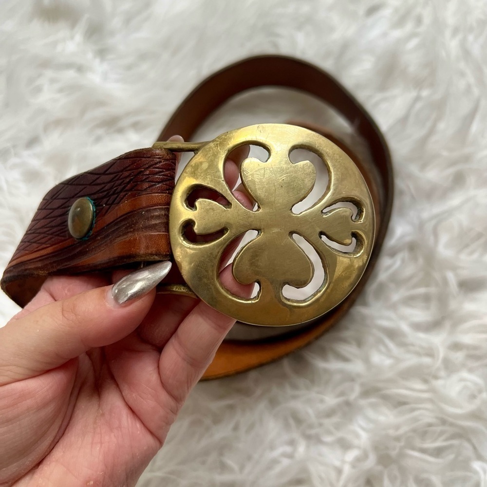 Vintage Solid Brass Four Leaf Clover Belt Unique Leather Design